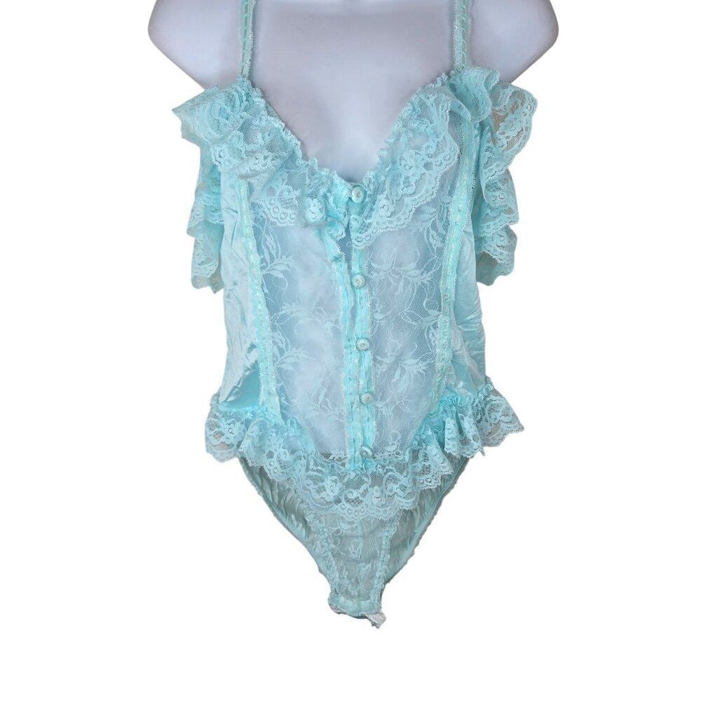 Vintage 80s Chic Lace Teddy Lingerie Ruffle Lace Size M Bodysuit